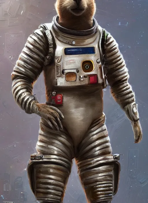 Prompt: detailed full body concept art illustration oil painting of an anthropomorphic capybara astronaut in full intricate armor, biomutant, dystopian, ultra detailed, digital art, octane render