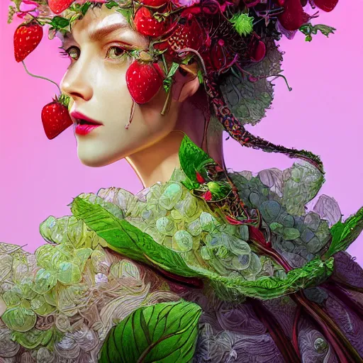 Image similar to the portrait of an absurdly beautiful, graceful, elegant, perky woman made of strawberries and green petals, an ultrafine hyperdetailed illustration by kim jung gi, irakli nadar, intricate linework, bright colors, octopath traveler, final fantasy, angular, unreal engine 5 highly rendered, global illumination, radiant light, detailed and intricate environment