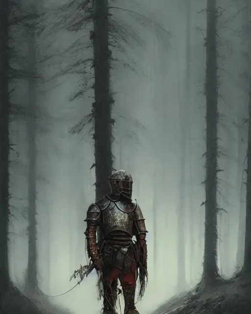 Image similar to Hyper realistic painting of a knight in full plate armor that has completely turned to rust, hyper detailed, surrounded by a dark forest, fog, moody, creepy, cinematic lighting, by greg rutkowski, trending on artstation