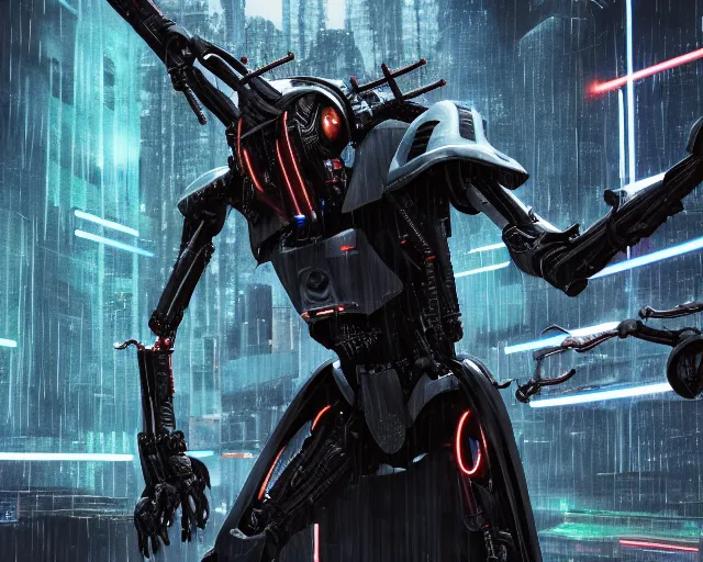 Image similar to photo of general grievous with 4 arms holding 4 activated lightsabers in the rain. cyberpunk horror style. highly detailed 8 k. intricate. nikon d 8 5 0 5 5 mm. award winning photography.