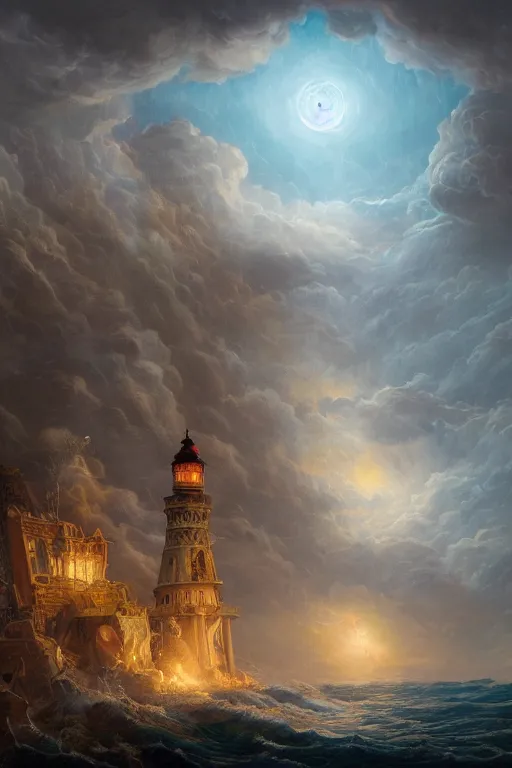 Prompt: Detailed Exterior Shot of Sinister Stormy Lighthouse of Alexandria, light of sin, moonlight shafts, flock of birds, epic atmosphere, in Style of Peter Mohrbacher, cinematic lighting