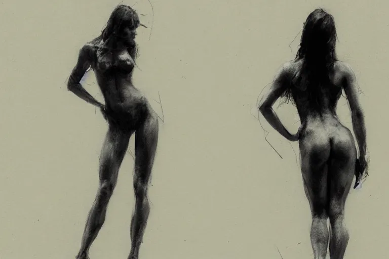 Image similar to sketch on paper of a model posing, anatomy study by jeremy mann and greg rutkowski