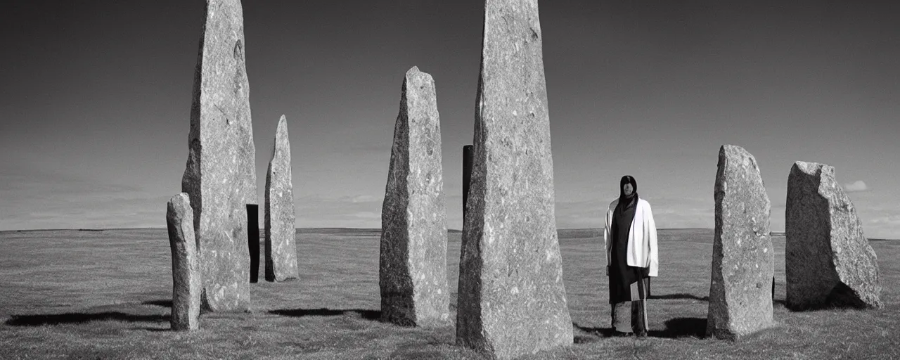 Prompt: The grim reaper stands large in front of neolithic standing stones of stenness, by studio Ghibli