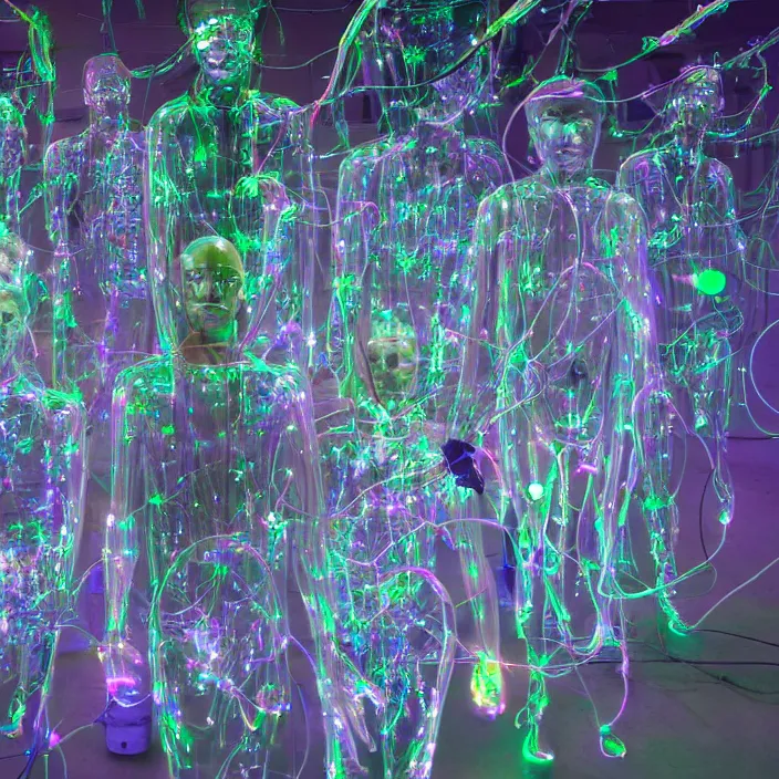 Prompt: a bunch of translucent cyborg man's heads which looks like wires, neon lights, rgb led diodes, jellyfish and radio parts scattered on the floor of the dark corner of the warehouse, high resolution, sci - fi, cyperpunk, bio - mechanical bio - luminescence, 8 k