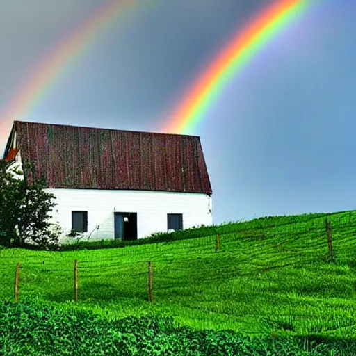 Prompt: farmhouse on a hill with a rainbow glitchy sky