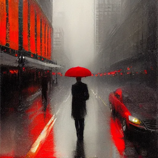 Image similar to man with red umbrella standing in the rain, chicago, art deco, by jeremy mann.