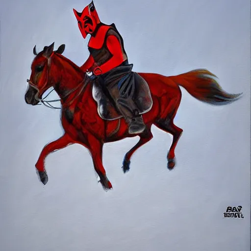 Image similar to darth maul riding his horse in his big iowa property, realistic painting