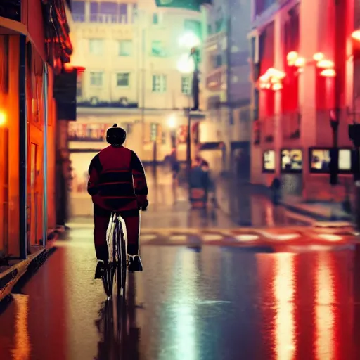 Image similar to a delivery guy wearing red jacket cycling at night in uni colored street, rainy weather, 4 k, realistic, trending on artstation