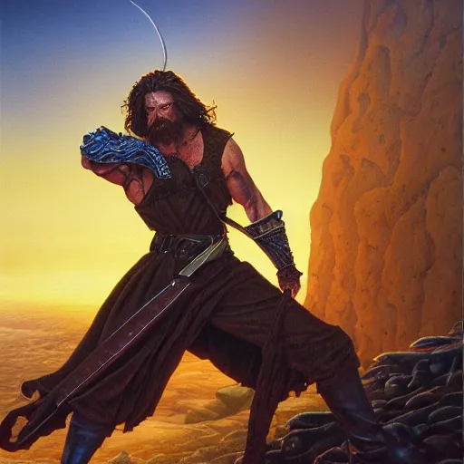 Prompt: the prince of thieves, illustration by michael whelan and pete lyon, fantasy art, visionary art, acrylic painting, tone mapping, strong features