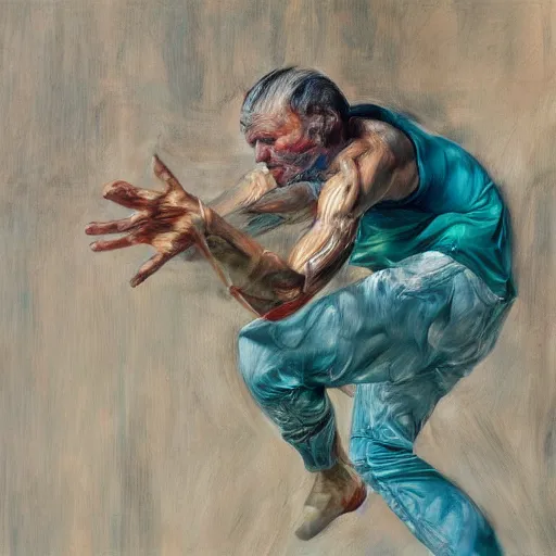 Image similar to high quality high detail painting by lucian freud and jenny saville, hd, parkour, turquoise