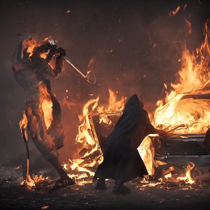 Prompt: hooded man dumping gas on a fire, octane render, 4 k ultra hd, hyper - detailed, realistic, seedy lighting, sharp focus, fantasy dark art