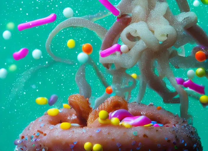 Image similar to underwater photo still of a squid with a glazed donut with rainbow sprinkles on its head, 4 k, 8 5 mm, f 1 6