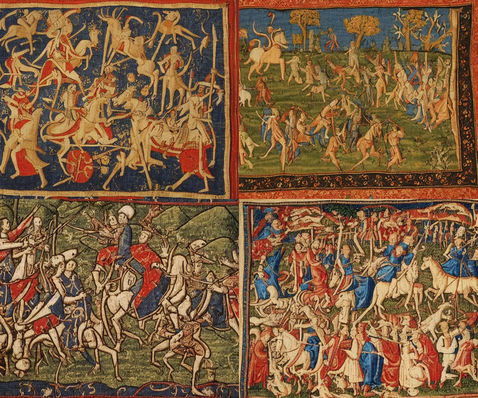 Prompt: a medieval 1 5 th century tapestry depicting a unicorn hunt