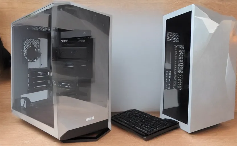 Prompt: metal computer case exposed concept pc boutique build open sides extra wide
