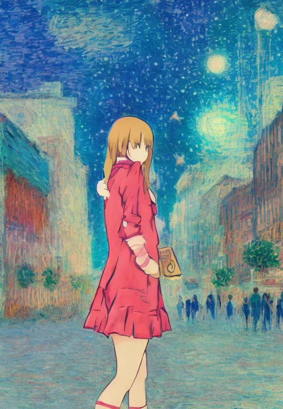 Image similar to wide angle portrait of a teenage girl, a thrifty outfit, very anime in impressionist style, city street view background, starlit night sky, trending artwork, illustrated in anime painter studio, by claude monet