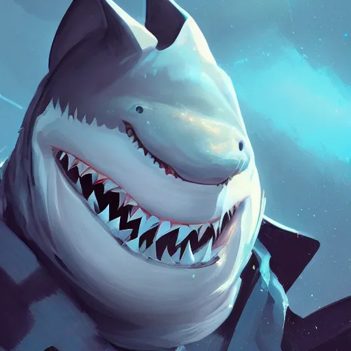 Image similar to portrait of an antropomorphic shark knight with the face of a white shark, mattepainting concept blizzard pixar maya engine on cold night stylized background splash comics global illumination lighting artstation lois van baarle, ilya kuvshinov, rossdraws