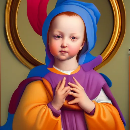 Prompt: Renaissance portrait of a holy catholic baby, trending on art station, 4k UHD, 8k, painting illustration, realistic volumetric lighting, rendered in unreal engine, high detail, photorealistic, Lisa frank