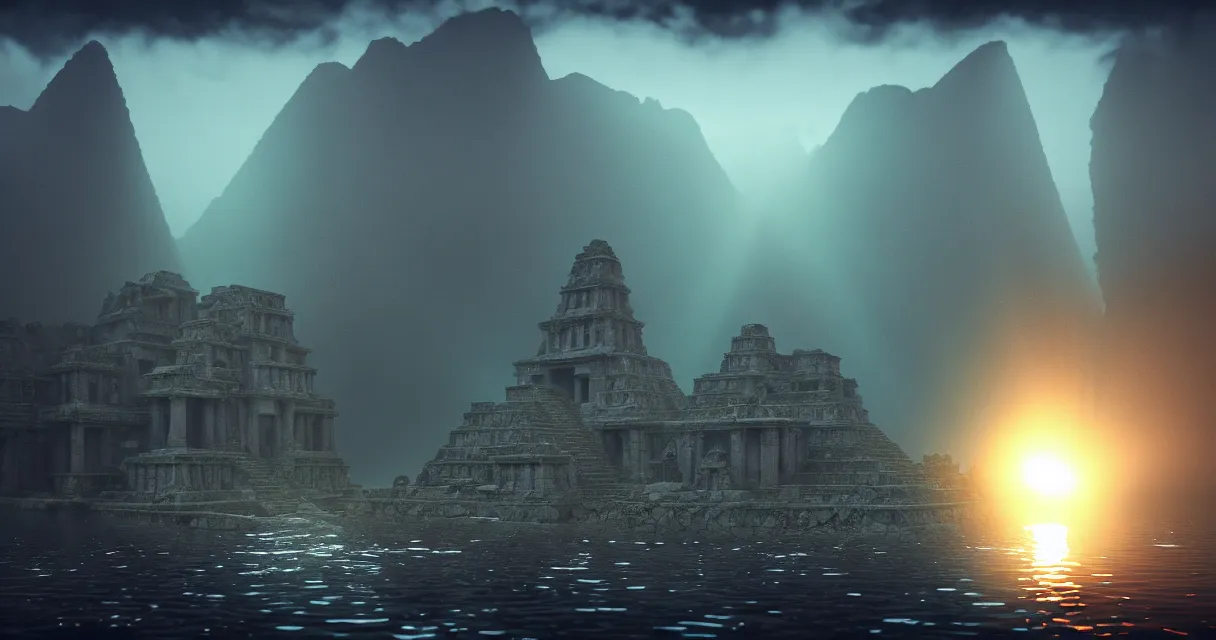 Image similar to low ultrawide shot, dark, street view, underwater statues, submerged pre - incan temple with carvings, abyss, stylized, anime style mixed with fujifilm, detailed gouache paintings, crepuscular rays, dark, murky, foggy, atmospheric, artstation, cgsociety, octane render, cgi, unreal engine 5