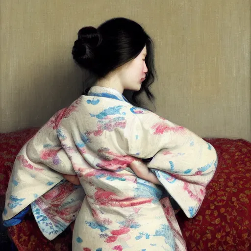 Image similar to girl with long wavy hair, in kimono with koi pattern, backview, sitting on edge of bed, by jeremy lipking, serge marshennikov, joseph todorovitch