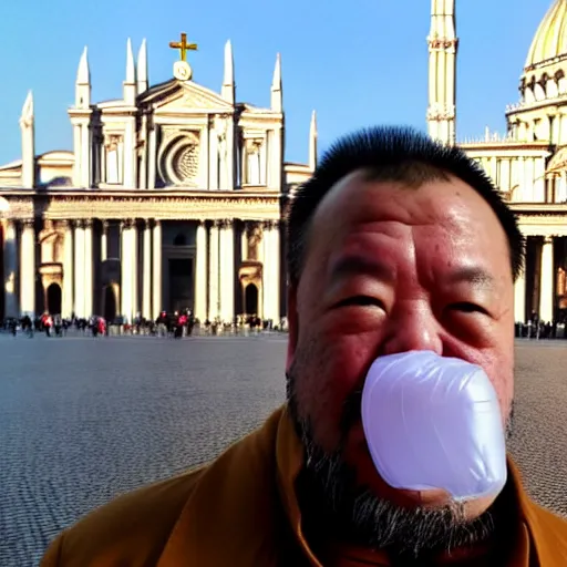 Image similar to artistic photograph by ai weiwei of a man showing ( ( ( stinky finger ) ) ) with condom on it ( ( ( from behind ) ) ), st peter's basilica slighly out of focus in background, cell phone photo