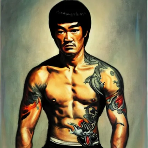 Prompt: painting of Bruce Lee by Peter Paul Rubens, with dragon tattoo, yakuza tattoo, very detailed