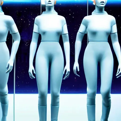 Image similar to troop of cloned women with white bob hairdos, tight light blue space cadet suits, futuristic cloning facility, sci - fi, highly detailed, cinematic