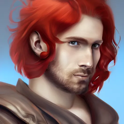 Image similar to portrait of a handsome male ship captain with long red hair!!!!!!, 30 years old, bashful, upper body, ethereal, muscular, friendly, playful, D&D, hairworks, Unreal 4, fantasy, elegant, highly detailed, digital painting, hairworks, deviantart, artstation, concept art, sharp focus, dramatic lighting, illustration, art by Artgerm and Greg Rutkowski and Alphonse Mucha