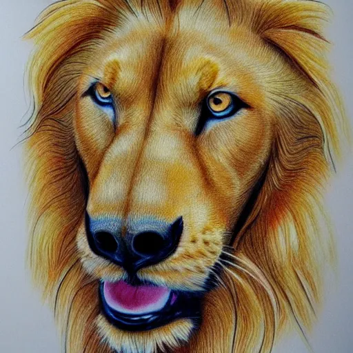 Prompt: finished drawing of a golden retriever lion, crayons. high details, photorealistic, artstation trending