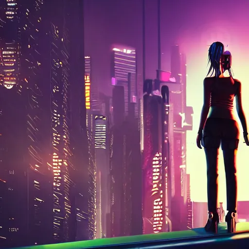 Image similar to book cover artwork of cyberpunk girl standing on a rooftop, short purple hair with undercut, realistic body shape, wearing long leather trenchcoat and black cargo pants. night time, neon cityscape background, flying blimp in the distance. 8 k