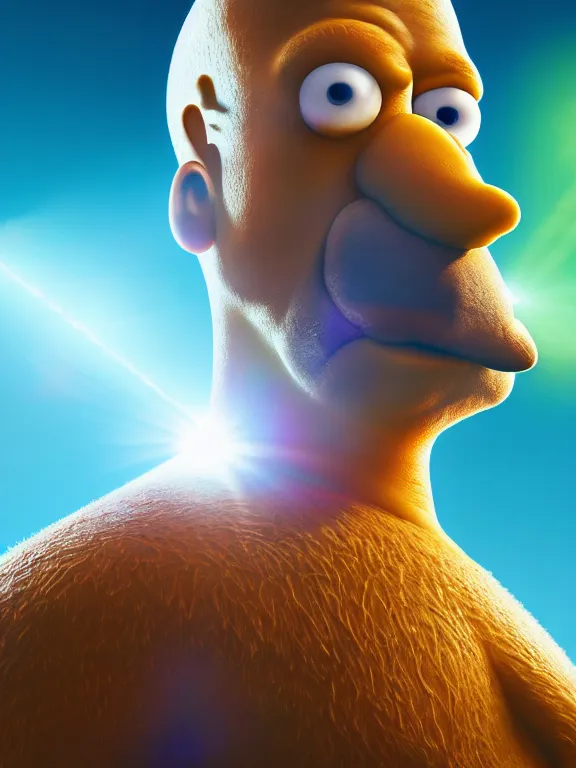 Image similar to portrait art of Homer Simpson, 8k, ultra realistic , lens flare, atmosphere, glow, detailed, intricate, full of colour, cinematic lighting, trending on artstation, 4k, hyperrealistic, focused, extreme details, unreal engine 5, cinematic, masterpiece