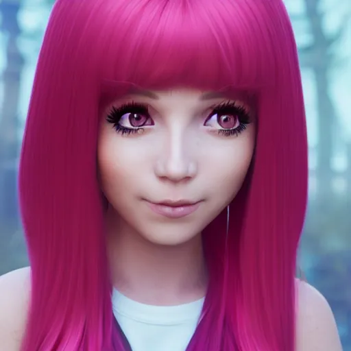 Image similar to A portrait of Nikki from Shining Nikki, a cute 3d cgi toon young woman with long pink hair, full bangs, hazel amber eyes, full face, light makeup, pale skin, Chinese, medium shot, mid-shot, soft focus, 4k, trending on artstation, as a Fortnite character