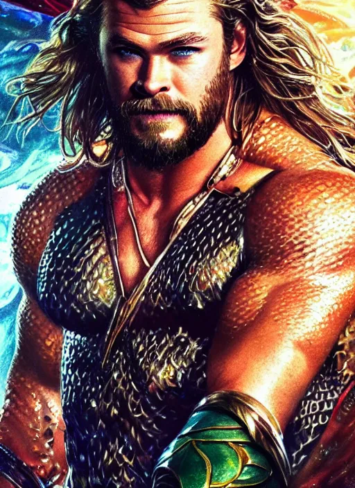 Image similar to chris hemsworth as aquaman, muscular, fantasy, intricate, elegant, highly detailed, digital painting, artstation, concept art, smooth, sharp focus, illustration, art by artgerm and greg rutkowski and alphonse mucha