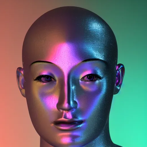 Image similar to 3d render of holographic human robotic head made of glossy iridescent, surrealistic 3d illustration of a human face non-binary, non binary model, 3d model human, cryengine, made of holographic texture, holographic material, holographic rainbow, concept of cyborg and artificial intelligence