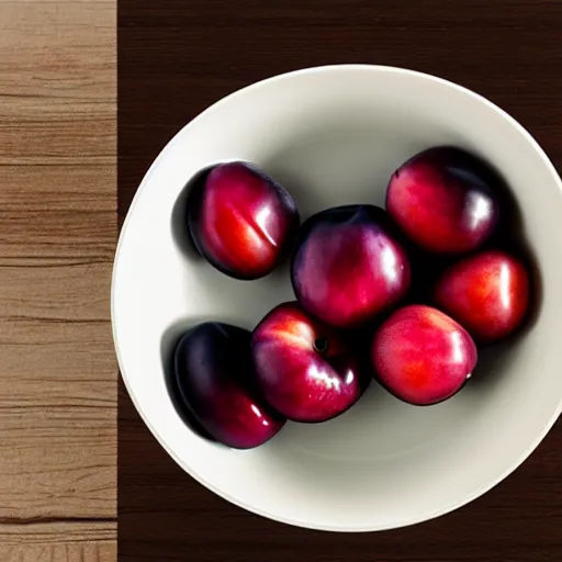 Prompt: a thick porcelain bowl filled with a few moist freshly picked plums on a wooden table. volumetric lighting. 4 k. small scale. realistic.
