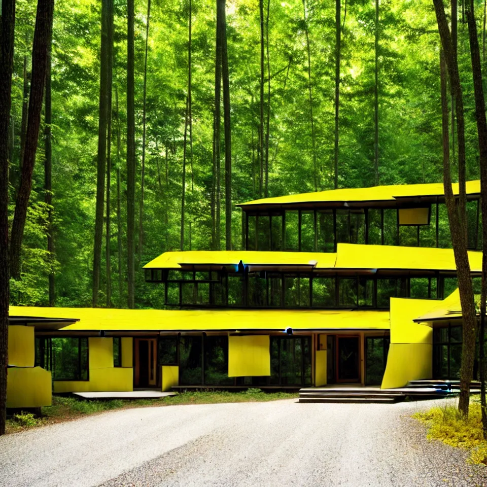 Image similar to a gravel road leading to a mid-century modern house with large windows in a forest, designed by Frank Gehry. Big tiles. Film grain, cinematic, yellow hue