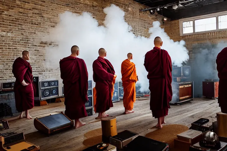 Prompt: monks in hooded robes stand in front of a wall of vintage amplifiers, smoke fills the space