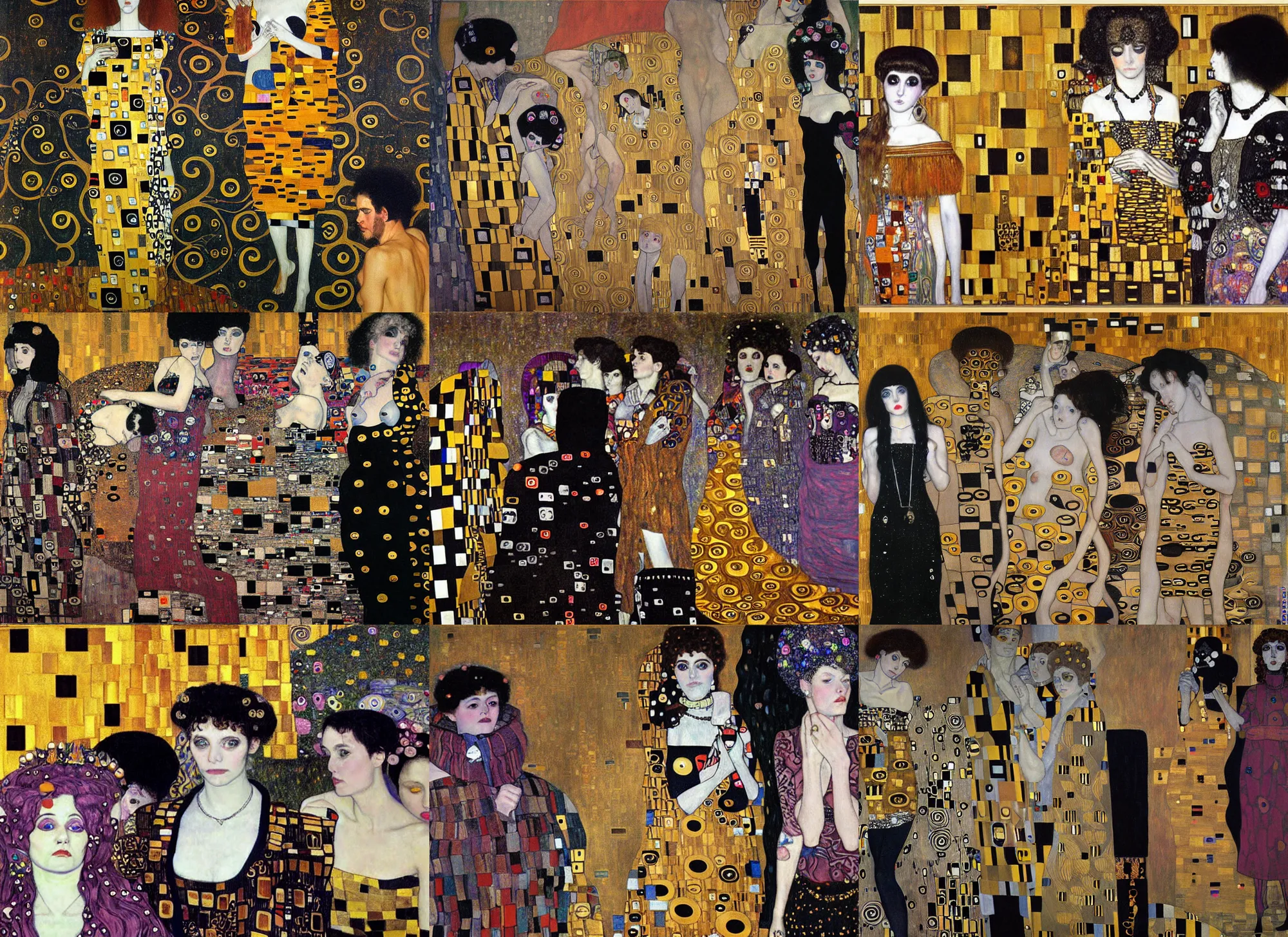 Prompt: A painting by Gustav Klimt. Some goths hanging out at a Hot Topic store in the mall