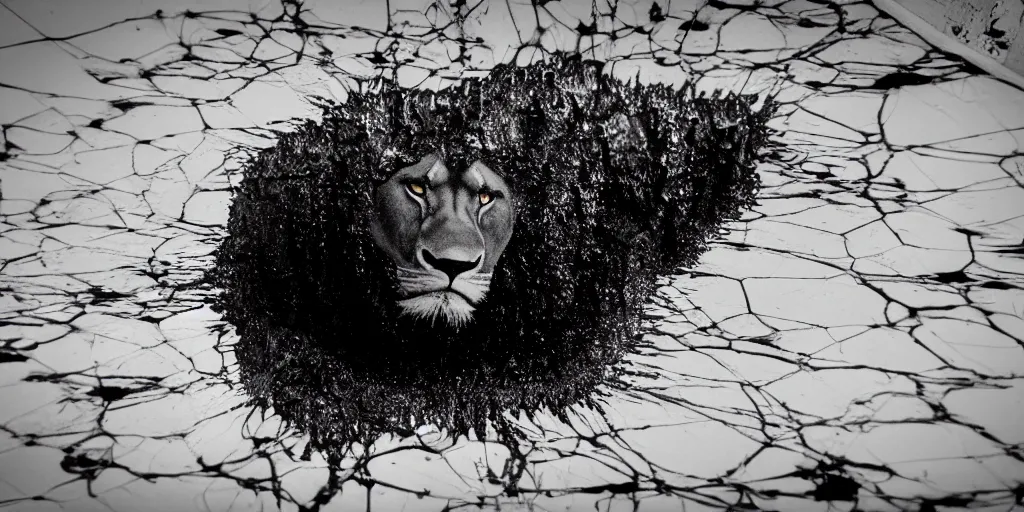 Image similar to the black lioness made of ferrofluid, dripping tar, drooling ferrofluid, crawling out of the air vent. dslr, photography, animal photography, goo, reflections, sticky, melting