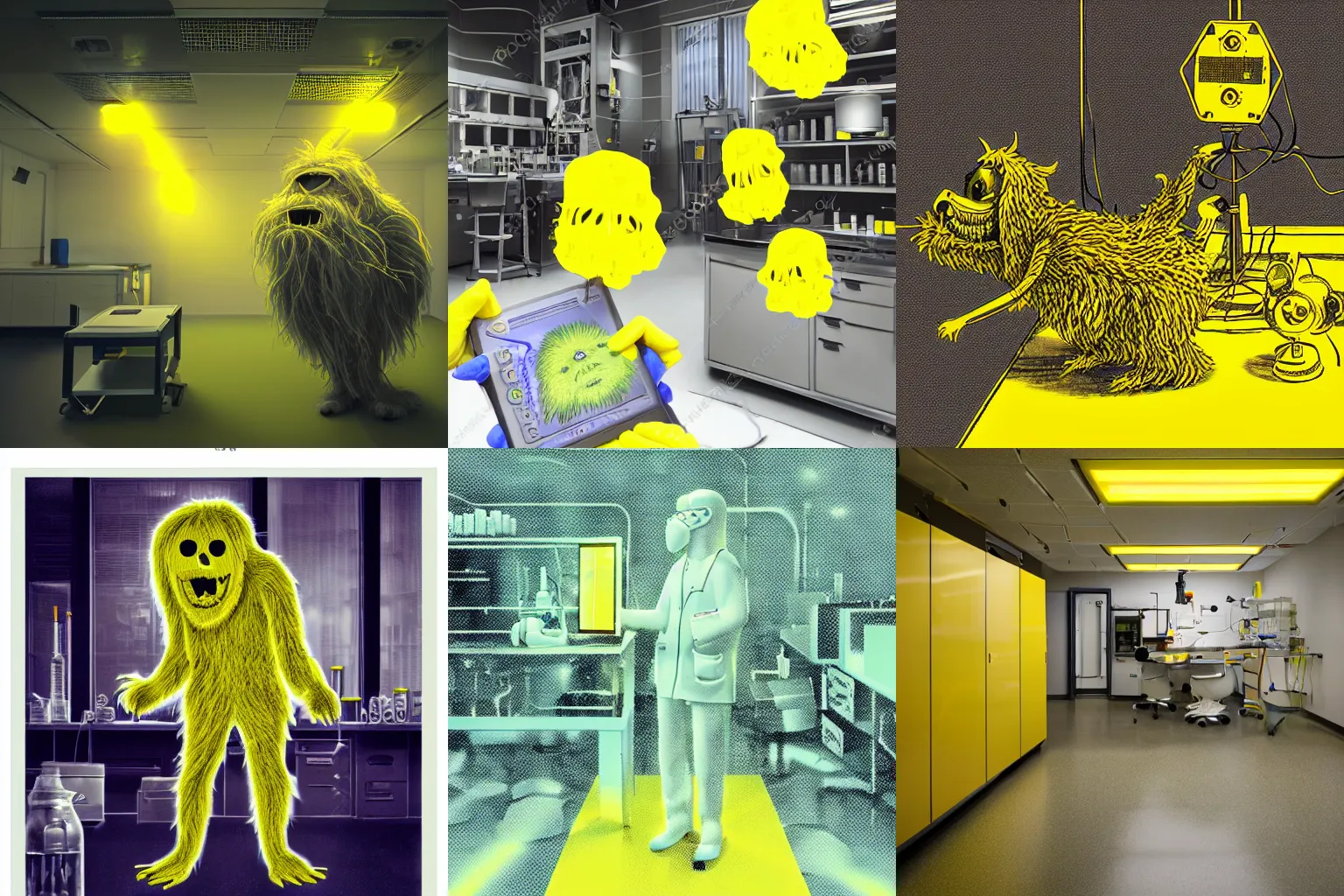 Image similar to hairy monster in laboratory clean room, photolithography, yellow artificial lighting, photorealistic