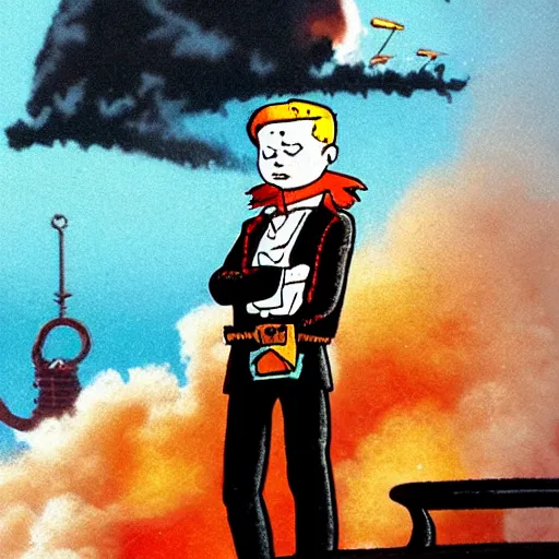 Prompt: a cool looking pirate, standing on the edge of the ship, big explosion on the background, in the style of tintin