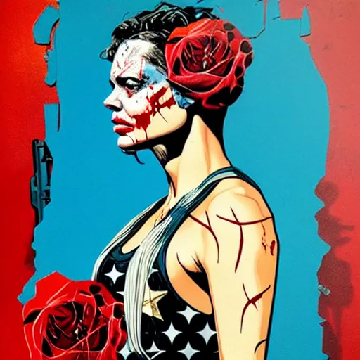 Image similar to portrait of american woman :: side profile :: in ocean :: roses and guns metal details :: gold :: blood and horror :: by marvel and Sandra Chevrier