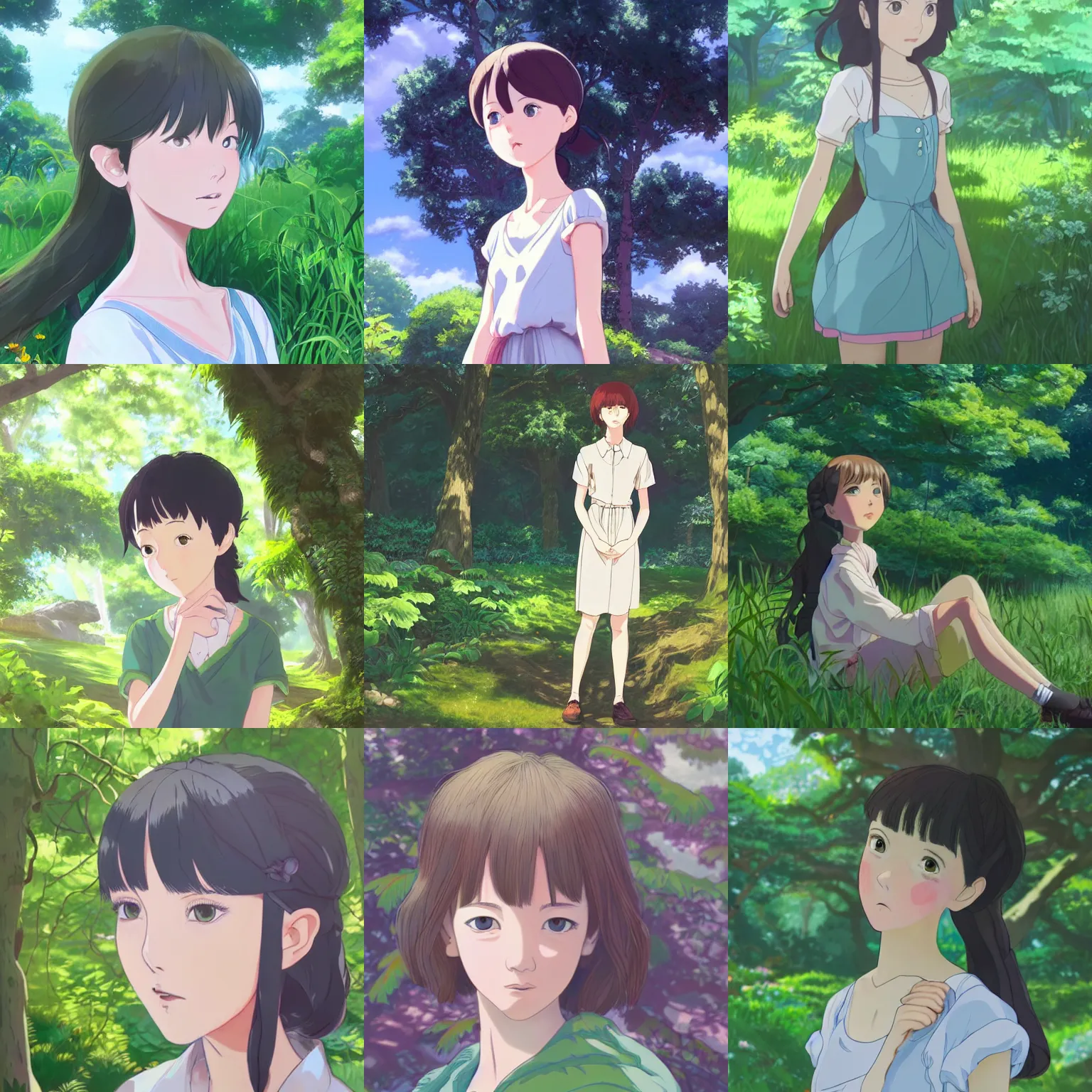 Prompt: Character portrait of a young woman in a lush park, doll facial features, expressive eyes, highly detailed, cel shading, Studio Ghibli still, by Makoto Shinkai and Akihiko Yoshida