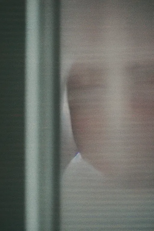 Prompt: kodak portra 4 0 0 photograph of a person peeking through their blinds, close up, telephoto, faded effect, grain,