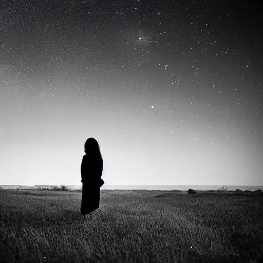 Image similar to A beautiful conceptual art of a woman with long flowing hair, wild animals, and a dark, starry night sky. by Rui Palha cosy