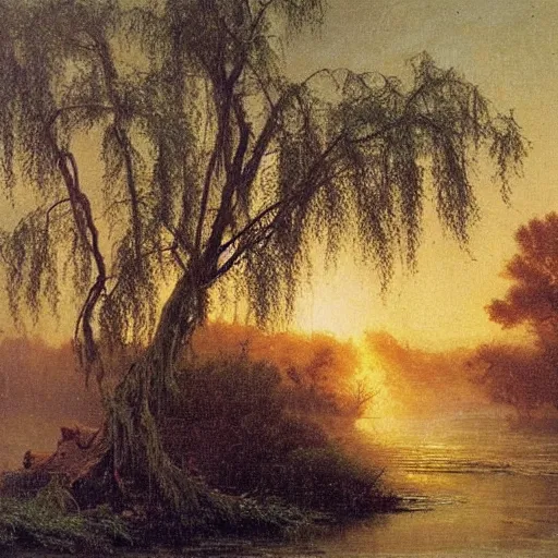 Image similar to oil painting of a willow tree next to a raging river by albert bierstadt, beautiful lighting - h 7 0 4