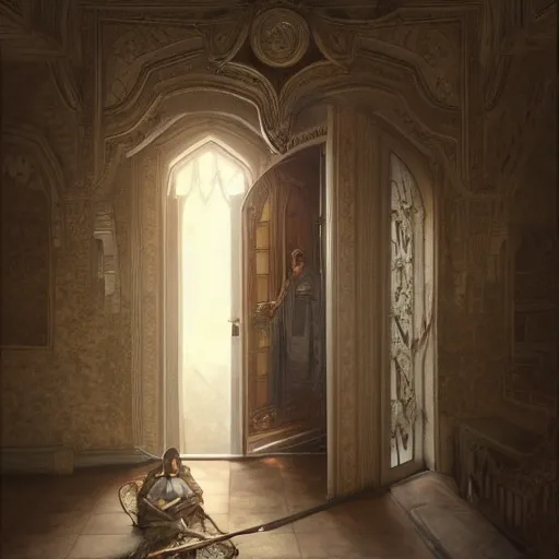 Prompt: peter tarka, minimalistic, hyperrealistic surrealism, award winning masterpiece with incredible details, epic stunning, mysterious doorway to another realm, highly detailed, trending on ArtStation, artgerm and greg rutkowski and alphonse mucha, daily deviation, IAMAG, illuminated