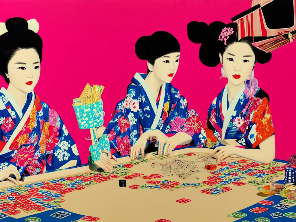 Image similar to hyperrealism composition of the detailed single woman in a japanese kimono sitting at an extremely detailed poker table with barbie, fireworks and folding screen on the background, pop - art style, jacky tsai style, andy warhol style, acrylic on canvas