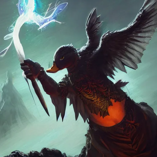 Prompt: Anthropomorphized Duck casting epic spell, magic the gathering artwork, D&D, fantasy, cinematic lighting, centered, symmetrical, highly detailed, digital painting, artstation, concept art, smooth, sharp focus, illustration, volumetric lighting, epic Composition, 8k, art by Akihiko Yoshida and Greg Rutkowski and Craig Mullins, heroic pose, oil painting, cgsociety, magic lab background