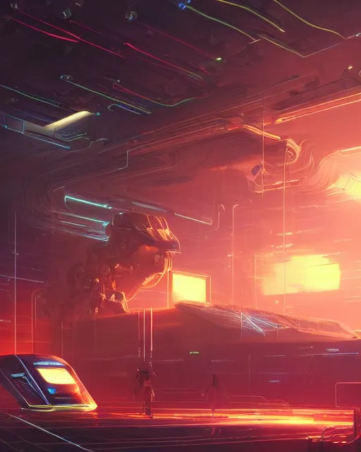 Image similar to cult of technology, exterior of scifi temple, machines, robots, ultra realistic, gaming computers, highly detailed, simulation, atmosphere, masterpiece, epic lighting, glowing wires, transparent objects, mysterious, highlighted, 4 k, cinematic, art by patryk olkiewicz and chris ostrowski and liang yao