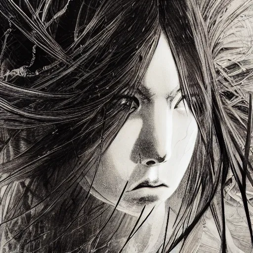 Image similar to yoshitaka amano realistic illustration of an anime girl with black eyes, wavy white hair fluttering in the wind and cracks on her face wearing elden ring armor with engraving, abstract black and white patterns on the background, noisy film grain effect, highly detailed, renaissance oil painting, weird portrait angle, three quarter view, head turned to the side